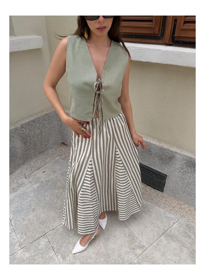 mina aise Khaki-Black Striped Lined Long Skirt with Elastic Waist 31032.