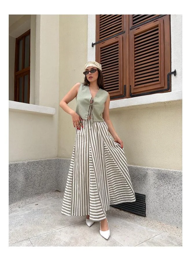 mina aise Khaki-Black Striped Lined Long Skirt with Elastic Waist 31032.