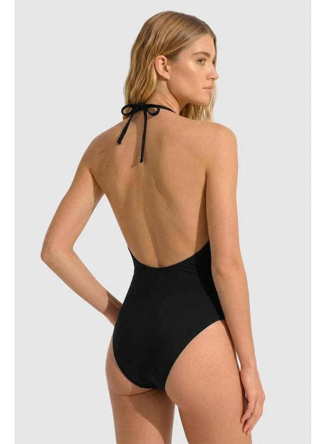 Aytuğ Black Neck-Tied Fishnet Swimsuit.