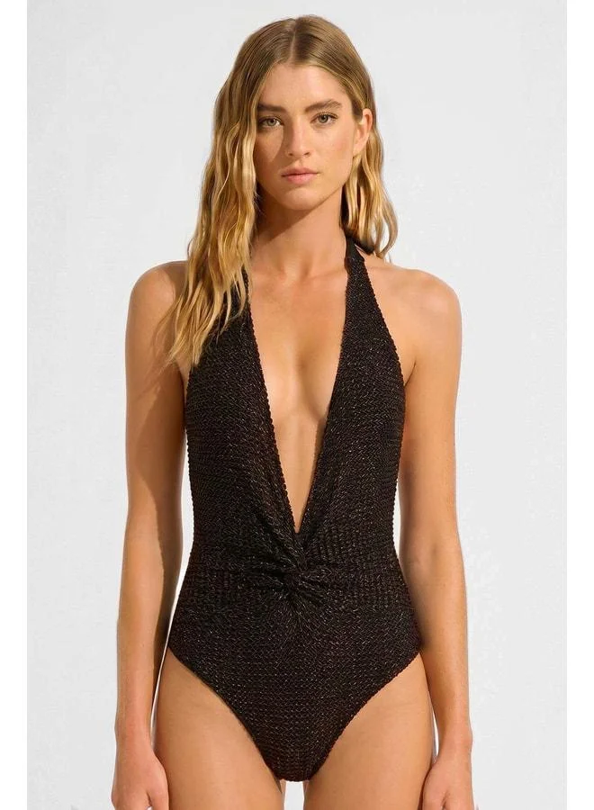 Aytuğ Black Neck-Tied Fishnet Swimsuit.