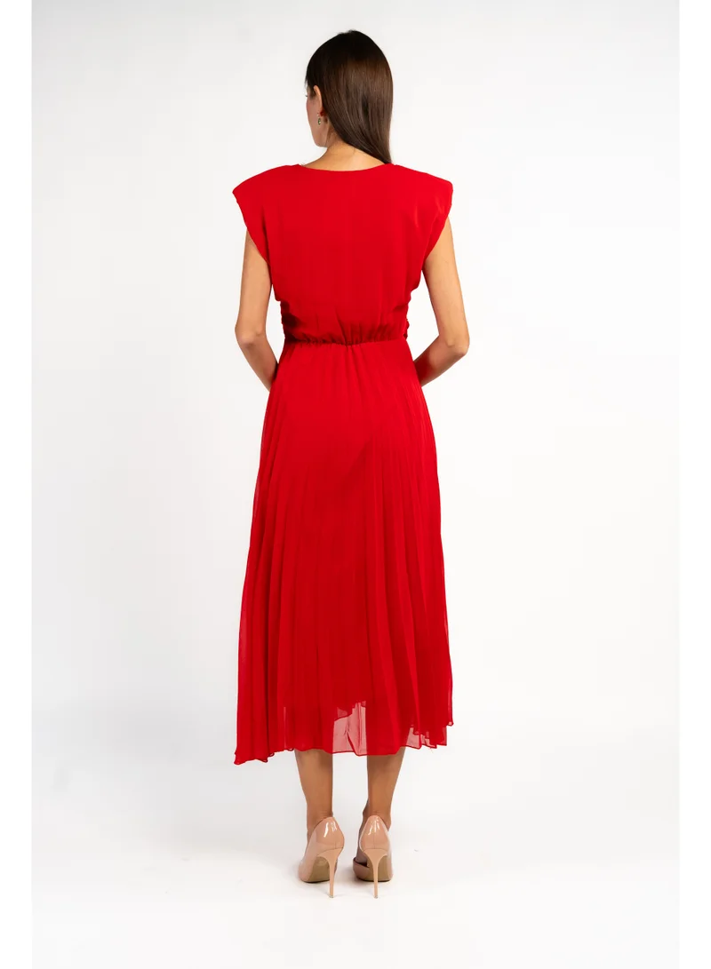 Fashonara Chiffon Red Pleated Midi Party Dress