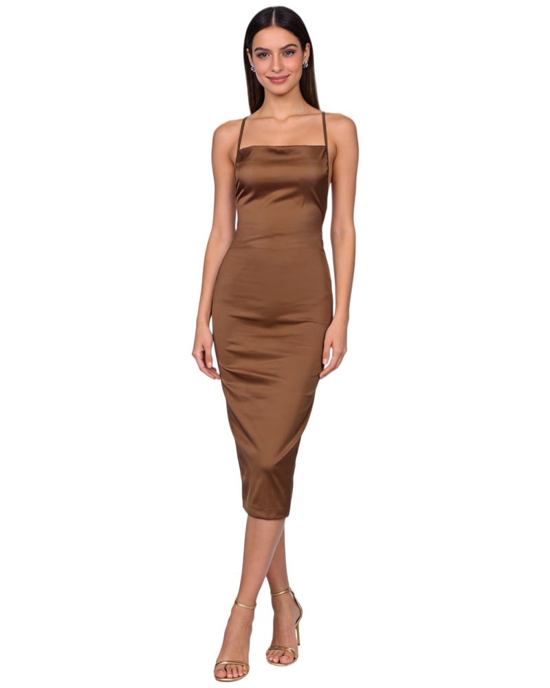 JUMISEE Women Neon Satin Sexy Bodycon Elegant Backless Long Midi Dress for Cocktail Party Clubwear (Brown,Medium) - Image 1