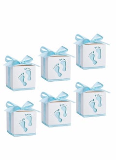 Y&D Candy Favour Gift Boxes, Ribbon Box, 50 Pieces Baby Footprints , for Showers, Kids Birthday, Wedding Party, Partys (Blue)  - Image 1