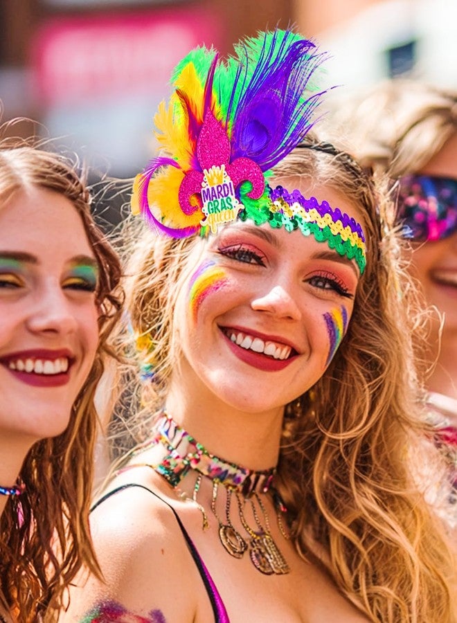 Urieo Mardi Gras Headbands for Women Feathers Fascinator Headband Glitter Sequin Headpieces Masquerade 1920s Carnival Party Hair Accessories - Image 2