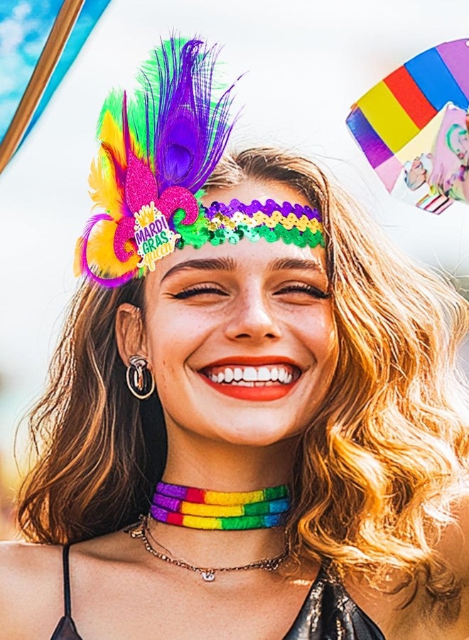 Urieo Mardi Gras Headbands for Women Feathers Fascinator Headband Glitter Sequin Headpieces Masquerade 1920s Carnival Party Hair Accessories - Image 4