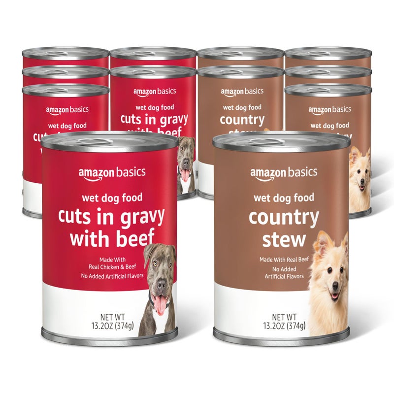 Amazon Basics Wet Dog Food Variety Pack, Country Stew Flavor and Cuts in Gravy with Beef, Made with Natural Ingredients, 13.2oz Cans (Pack of 12) - Image 1