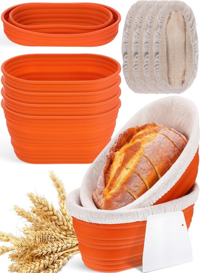 نوجو مجموعة نوجو المكونة من 4 سلال تخمير عجين بيضاوية الشكل مصنوعة من السيليكون مقاس 10 بوصات قابلة للطي، لوازم خبز العجين المخمر، وعاء تخمير العجين مع 4 قطع من مكاشط العجين و4 قطع من أغطية السلال (برتقالي) - Image 1