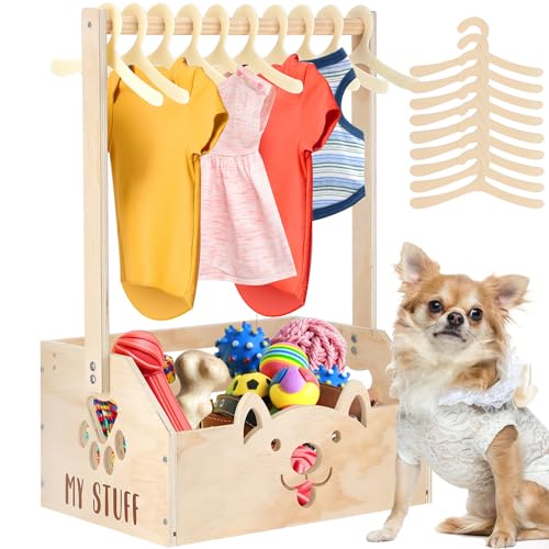 Chunful Dog Closet Wooden Pet Wardrobe Closet Dog Toy Storage Bin with Handle Pet Clothes Rack for Cat Organization and Storage Accessories 19 x 13 x 9 - Image 1