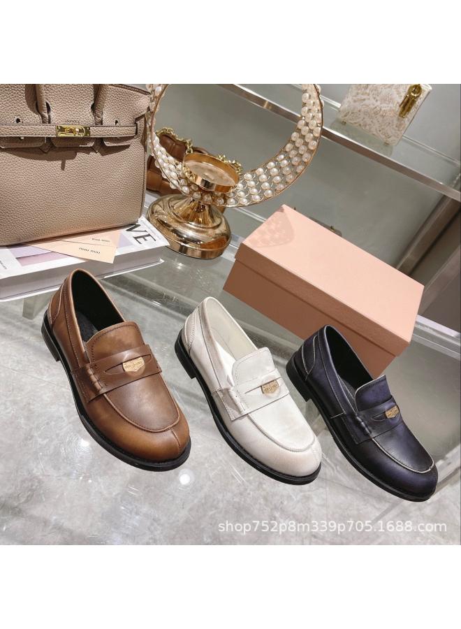 SHAKA Summer And Autumn Gold Coin Buckle Loafers Retro Round Toe Flat Single-Layer Shoes Antique Leather Shoes Women'S Letter All-Match Casual - Image 2