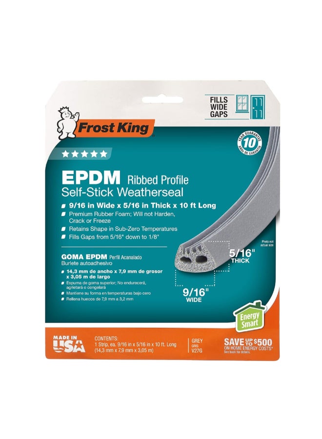 Frost King EPDM Ribbed-Profile Self-Stick Weatherseal Grey 9/16 Inch x 10 ft V27GA - Image 1