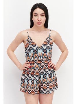 Women Abstract Print Sleeveless Playsuit, Navy Combo