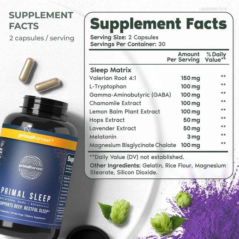 Primal Harvest Primal Sleep Support Supplement 60 Capsules with Valerian Root LTryptophan GABA Chamomile and Melatonin 3mg - Image 2