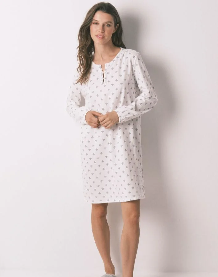 ومن سيكريت قميص نوم طويل الأكمام 100٪ قطن زهور عاجية