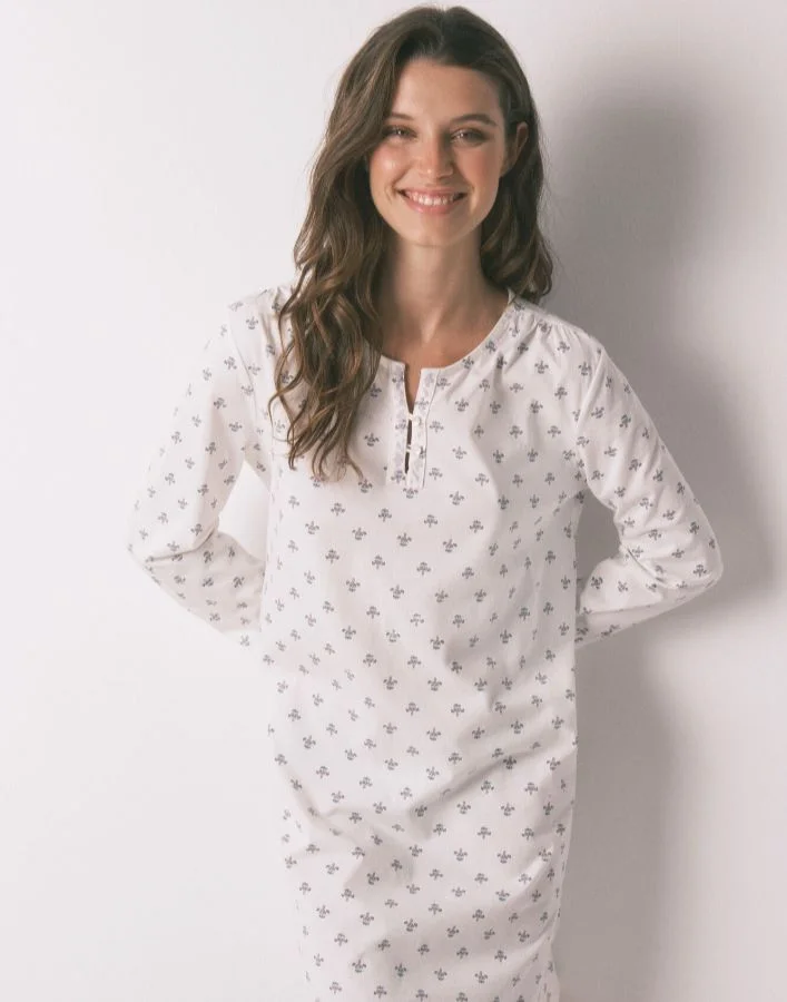 ومن سيكريت قميص نوم طويل الأكمام 100٪ قطن زهور عاجية