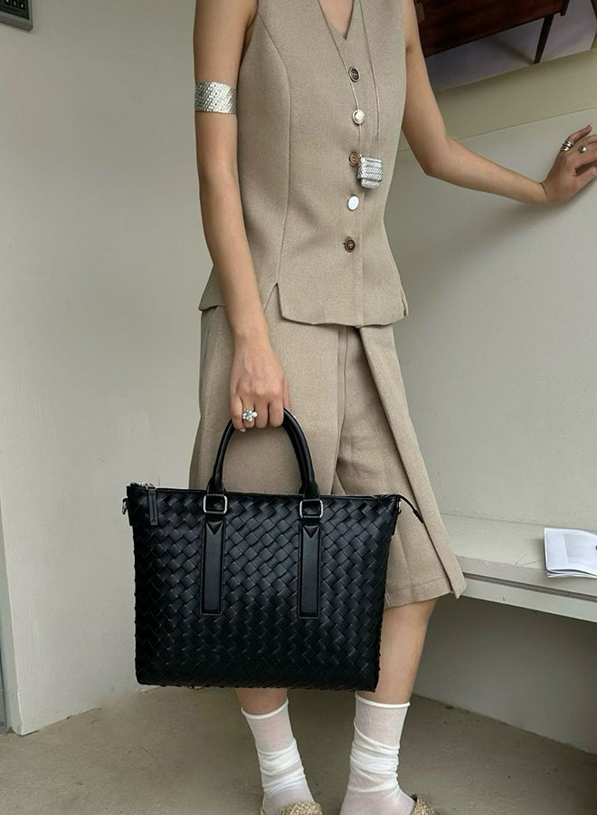 Woven Leather Briefcase, Business Laptop Bag, Elegant Messenger Shoulder Crossbody Tote, Ideal Birthday Gift - Image 2