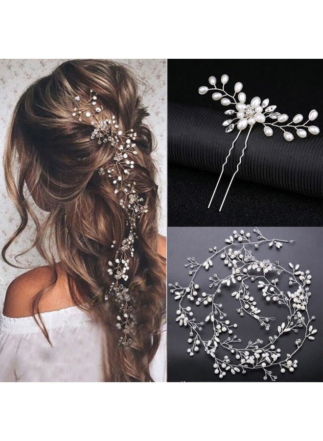 HANSAMU Bridal Wedding Hair Accessories Long Pearl and Crystal Beads Hair Vine Wedding Headband,2 PCS of Crystal Rhinestone Hair Pins,1 Pack Jewelry Hair Headpiece for Brides Bridesmaids Women Girls (Silver) - Image 1