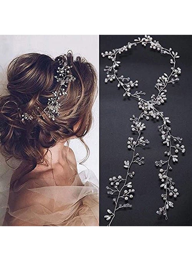 HANSAMU Bridal Wedding Hair Accessories Long Pearl and Crystal Beads Hair Vine Wedding Headband,2 PCS of Crystal Rhinestone Hair Pins,1 Pack Jewelry Hair Headpiece for Brides Bridesmaids Women Girls (Silver) - Image 2