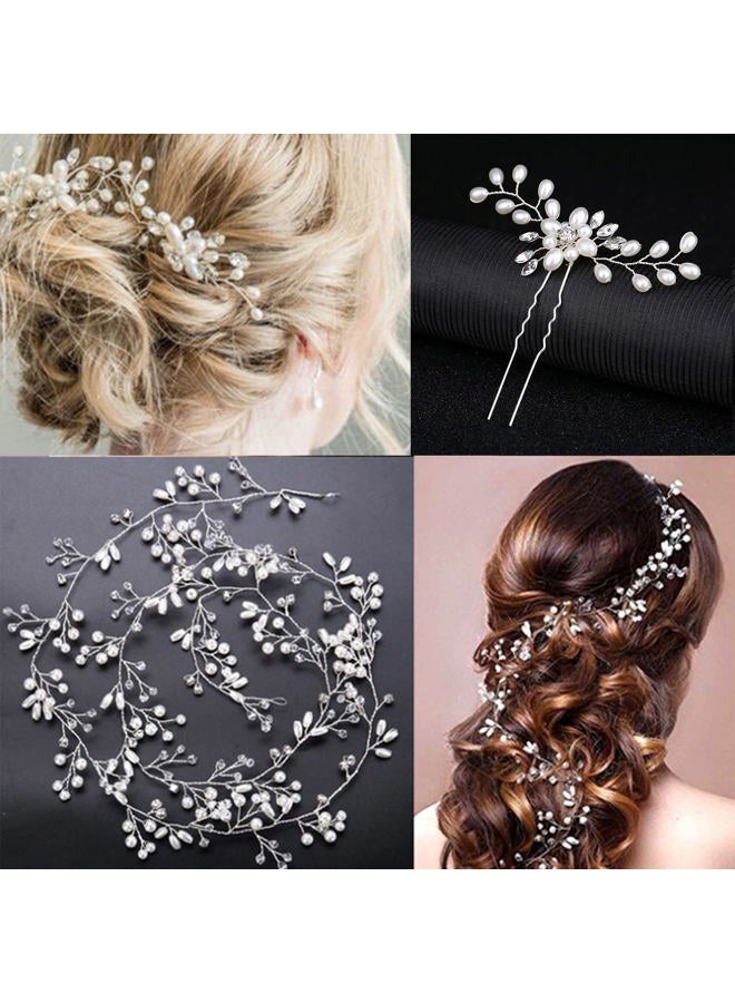 HANSAMU Bridal Wedding Hair Accessories Long Pearl and Crystal Beads Hair Vine Wedding Headband,2 PCS of Crystal Rhinestone Hair Pins,1 Pack Jewelry Hair Headpiece for Brides Bridesmaids Women Girls (Silver) - Image 3