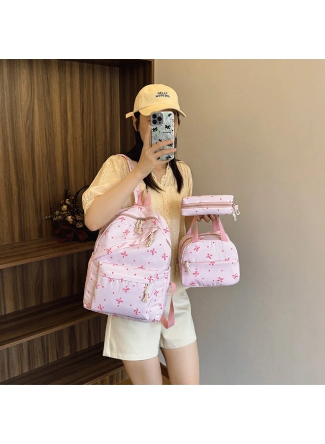 طقم حقيبة ظهر نسائية بتصميم كوري بثلاث قطع وطبعة فيونكة - حقيبة مدرسية، حقيبة غداء ومقلمة - Image 2