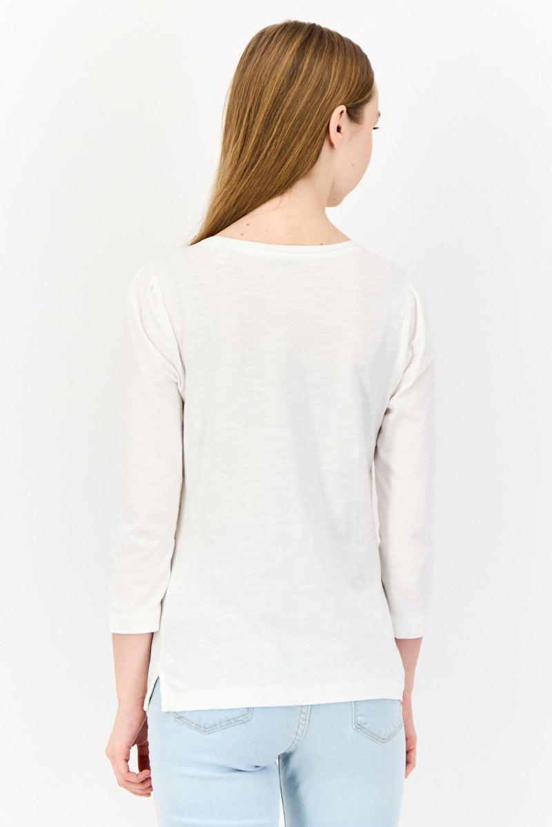 ESPRIT Women Round Neck Long Sleeves Solid T-Shirt, White - Image 4