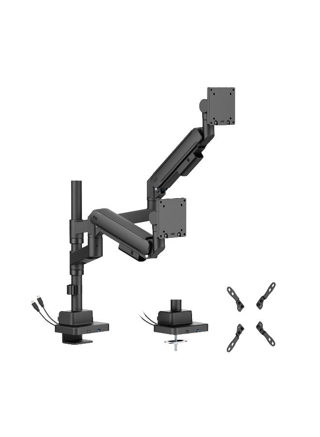 Skill Tech Skilltech SH87-C024UCP Heavy-Duty Dual Gas Spring Monitor Arm for 24"–57" Screens | 2–27kg Load | USB-A + USB-C Ports | Full Motion Tilt/Swivel/Rotation | VESA 75–200 | Clamp & Grommet Mount – Black/White - Image 4