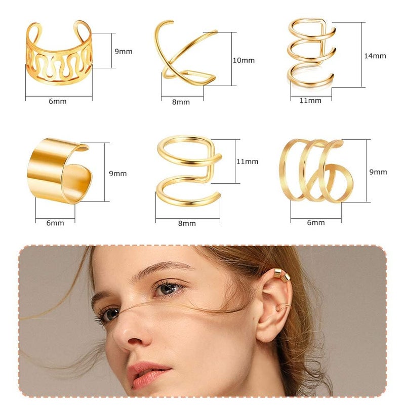 Roctee 18 Pairs Ear Cuff, Roctee 6 Styles Cartilage Clip On Earrings Set Stainless Steel Ear Clip Fake Cartilage Earring Non Piercing Helix Cartilage Ear Clip Earring Ring for Women (Gold/Silver/Rose) - Image 2