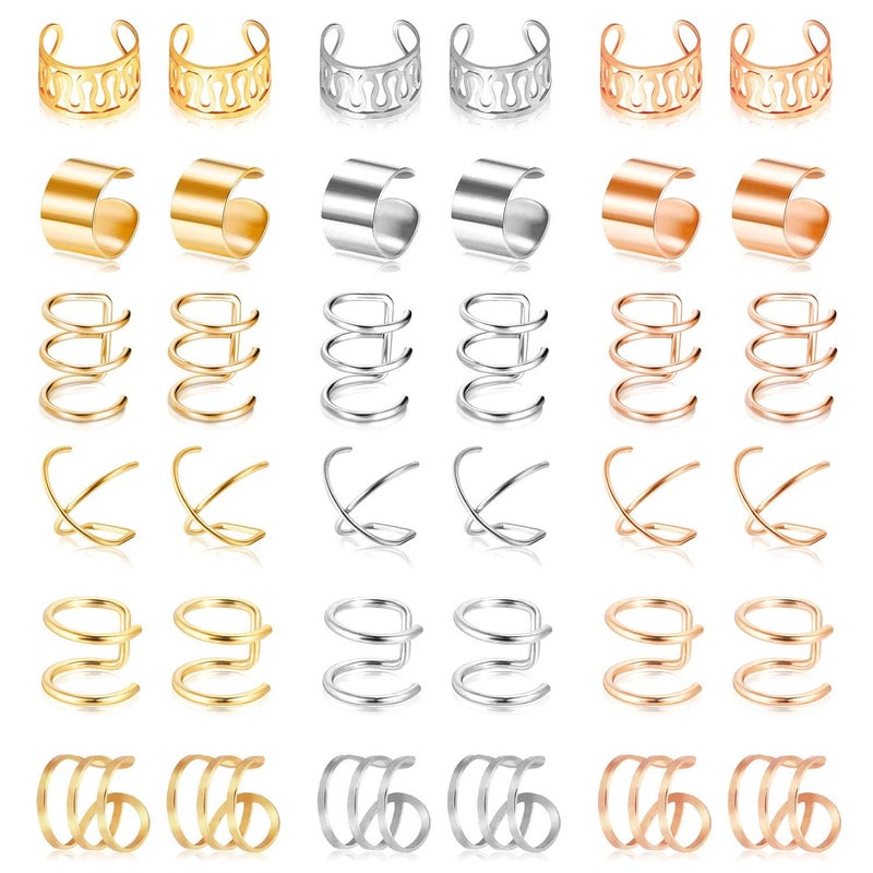 Roctee 18 Pairs Ear Cuff, Roctee 6 Styles Cartilage Clip On Earrings Set Stainless Steel Ear Clip Fake Cartilage Earring Non Piercing Helix Cartilage Ear Clip Earring Ring for Women (Gold/Silver/Rose) - Image 1