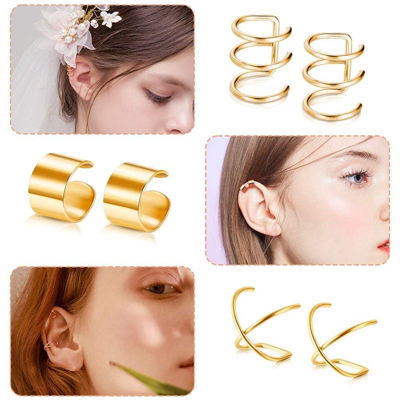 Roctee 18 Pairs Ear Cuff, Roctee 6 Styles Cartilage Clip On Earrings Set Stainless Steel Ear Clip Fake Cartilage Earring Non Piercing Helix Cartilage Ear Clip Earring Ring for Women (Gold/Silver/Rose) - Image 3