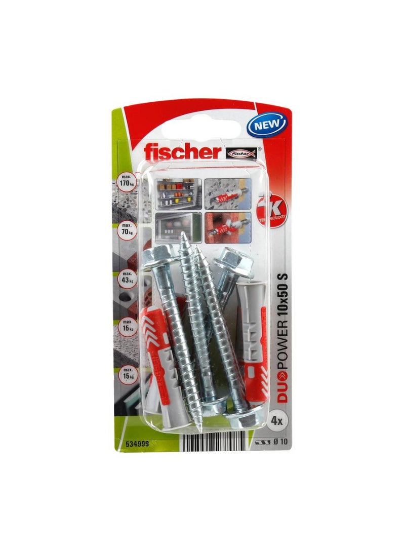 Fischer DuoPower Universal Wall Anchor W/ Screw Pack 1 x 5cm 4Pcs