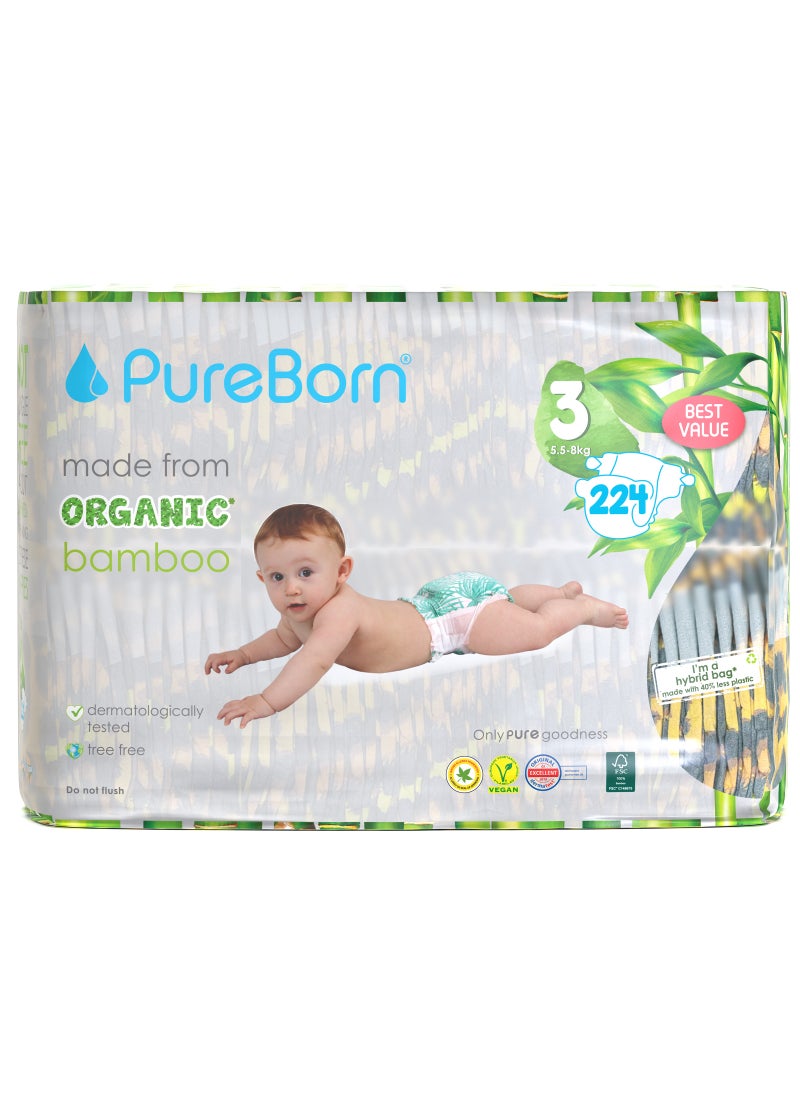PureBorn Organic Diaper Size 3 Eco-Friendly Bamboo Diaper 5.5-8 Kg Bundle Pack 224 Diapers  - Image 1