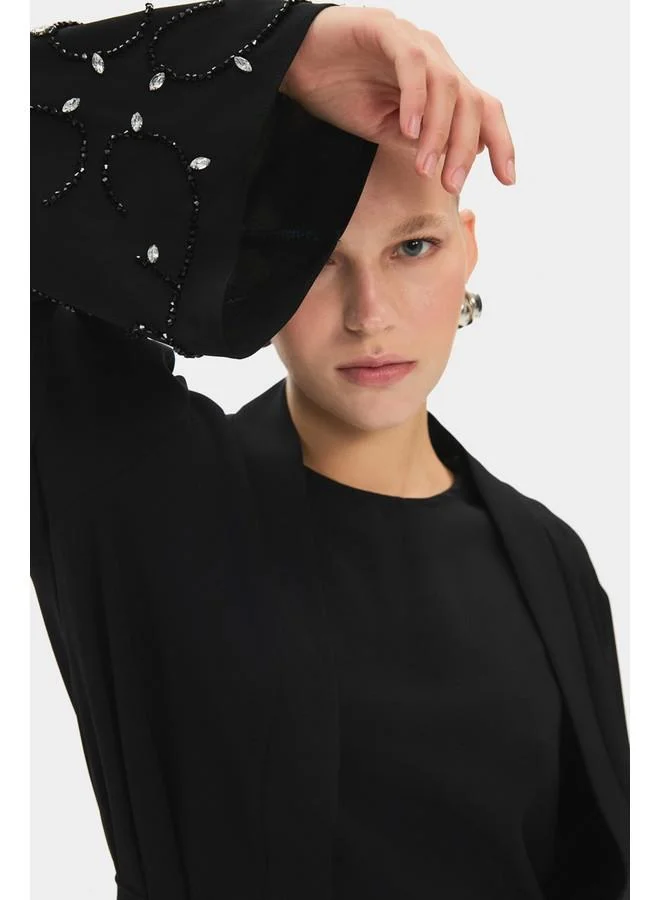 JUNE June Women Sleeve Embroidered and Waist Tie Detailed Abaya Black