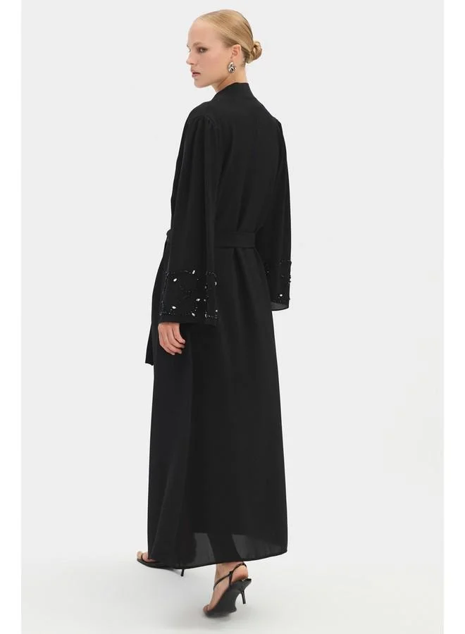JUNE June Women Sleeve Embroidered and Waist Tie Detailed Abaya Black