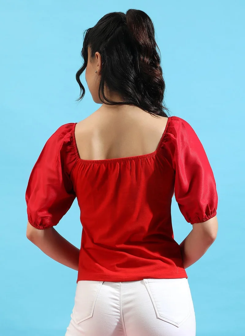 Pinacolada  Women's Scarlet Red Puff-Sleeved Top for Women | Best Price UAE