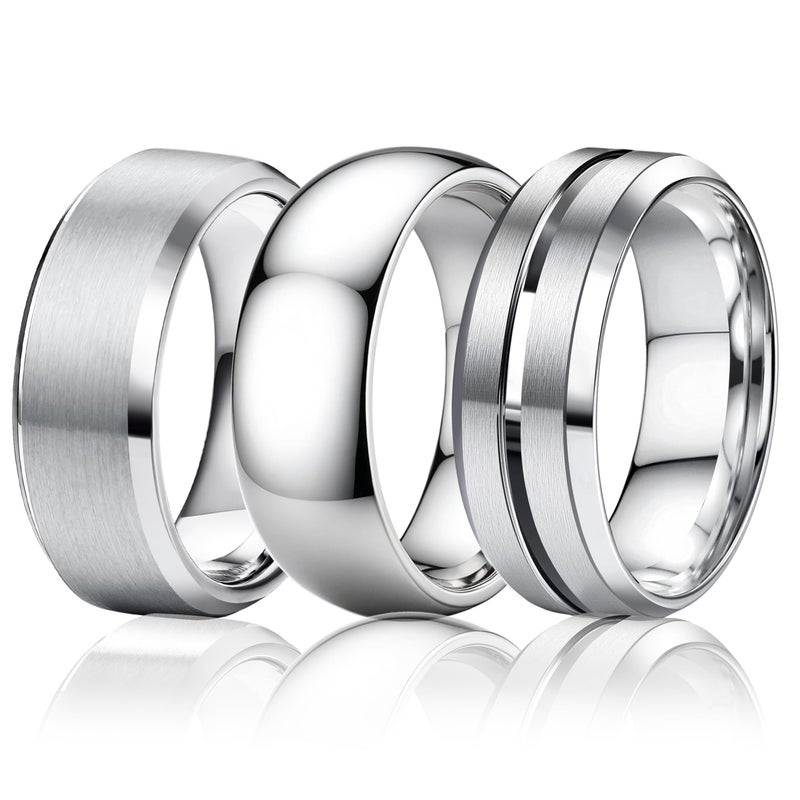 Besteel Mens Wedding Band Stainless Steel Rings for Men Women Silver Cool Simple Promise Engagement Ring Set Jewelry Gift Comfort Fit 6-14 8MM Anillos Para Hombre 3 Pcs Size 10 - Image 1