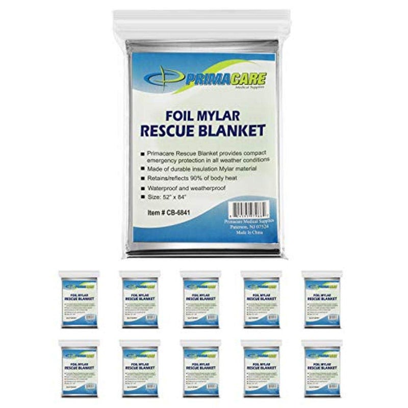 Primacare HB-10 Emergency Mylar Thermal Blankets â€“ 10 Pack, 84" x 52", Silver â€“ Reflective, Waterproof, Retains 90% Body Heat â€“ for Survival, First Aid, Outdoors, Camping, EMS - Image 1