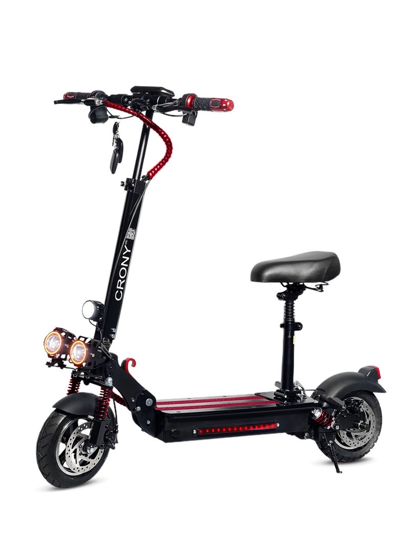 Crony V10 Big Display 1200W Motor Electric Scooter – 45-68KM/H Speed, 20-40KM Range, 10” Off-Road Tires, 48V 12AH Battery, Dual Suspension, Dual Disc Brakes, Foldable Aluminum Frame, Triple LED Headlights, LED Base Lighting, Heavy Duty 120KG Load, Electric Scooter with Seat for Adults, Perfect for Fast Urban Commuting and Outdoor Adventures