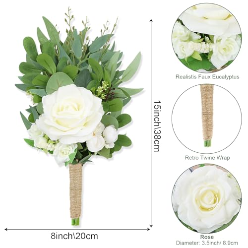 SEMONONIA 8 Inch Bridesmaid Bouquets Set of 4 - Ivory Artificial Flowers Greenery Bouquet for Wedding, Silk Small Floral Bouquet for Ceremony and Anniversary Marriage Proposal Centerpiece Decorations - Image 3