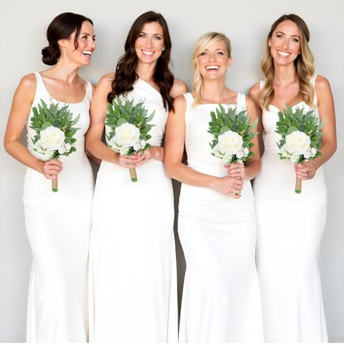 SEMONONIA 8 Inch Bridesmaid Bouquets Set of 4 - Ivory Artificial Flowers Greenery Bouquet for Wedding, Silk Small Floral Bouquet for Ceremony and Anniversary Marriage Proposal Centerpiece Decorations - Image 2