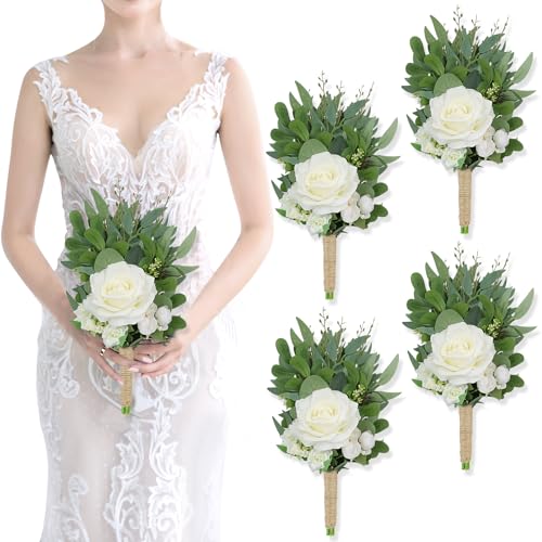 SEMONONIA 8 Inch Bridesmaid Bouquets Set of 4 - Ivory Artificial Flowers Greenery Bouquet for Wedding, Silk Small Floral Bouquet for Ceremony and Anniversary Marriage Proposal Centerpiece Decorations - Image 1