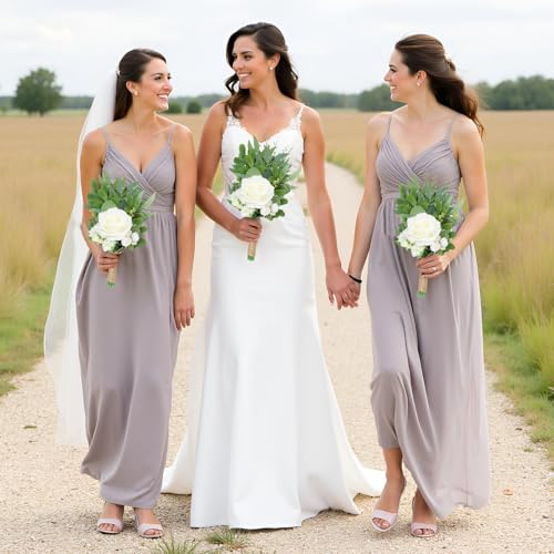 SEMONONIA 8 Inch Bridesmaid Bouquets Set of 4 - Ivory Artificial Flowers Greenery Bouquet for Wedding, Silk Small Floral Bouquet for Ceremony and Anniversary Marriage Proposal Centerpiece Decorations - Image 5