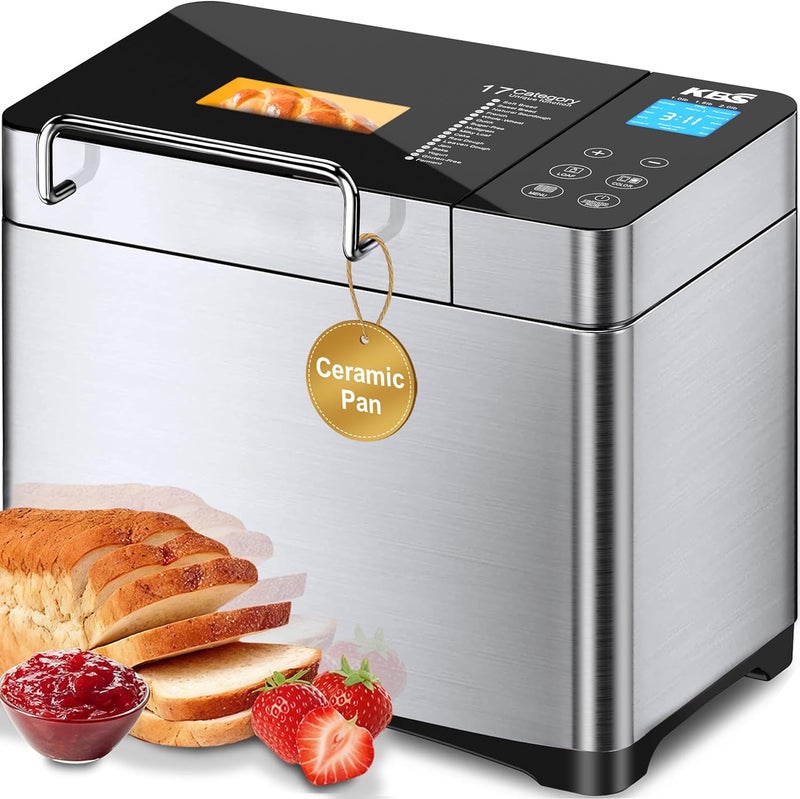 KBS Pro Stainless Steel Bread Machine, 2LB 17-in-1 Programmable XL Bread Maker with Fruit Nut Dispenser, Nonstick Ceramic Pan& Digital Touch Panel, 3 Loaf Sizes 3 Crust Colors, Reserve& Keep Warm Set - Image 1