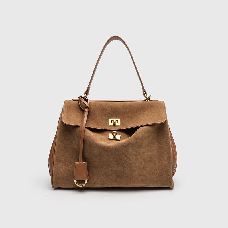Suede Frosted Leather High-End Kelly Bag Buckle Portable Underarm Commuter Shoulder Tote Bag - Image 1