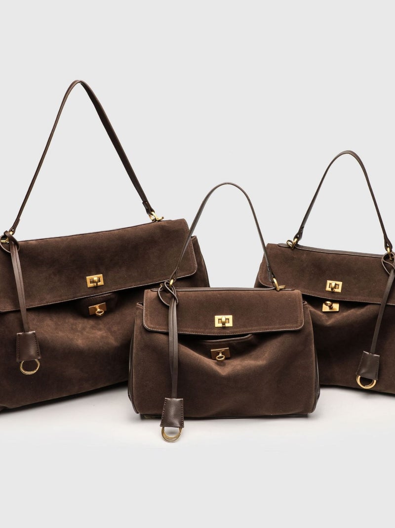 Suede Frosted Leather High-End Kelly Bag Buckle Portable Underarm Commuter Shoulder Tote Bag - Image 2