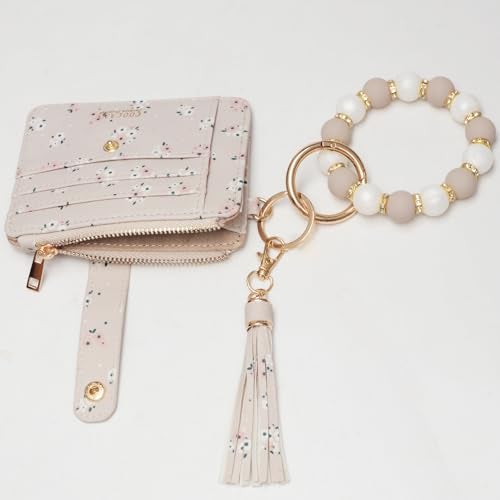 COOLANS Wristlet Bracelet Keychain Pocket Credit Card Holder Purse Tassel Keychain Bangle Key Ring for Women (Silicone & Shiny Bead+Card Purse (Creamy white)) - Image 4