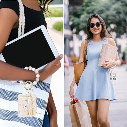 COOLANS Wristlet Bracelet Keychain Pocket Credit Card Holder Purse Tassel Keychain Bangle Key Ring for Women (Silicone & Shiny Bead+Card Purse (Creamy white)) - Image 3