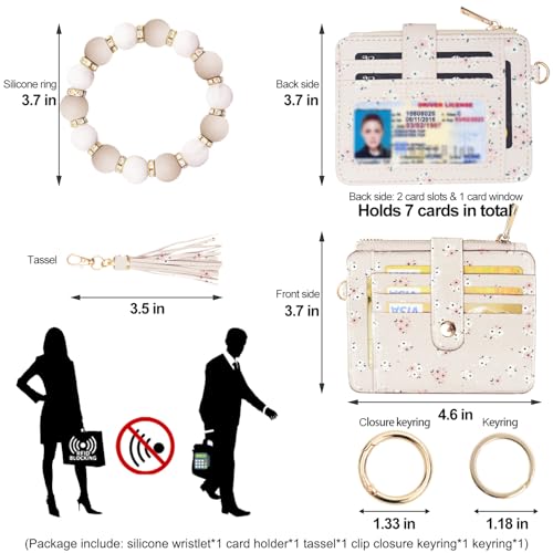 COOLANS Wristlet Bracelet Keychain Pocket Credit Card Holder Purse Tassel Keychain Bangle Key Ring for Women (Silicone & Shiny Bead+Card Purse (Creamy white)) - Image 2
