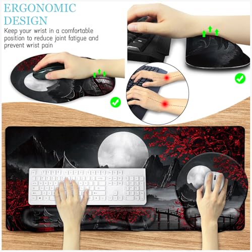 LIMKRIAN Japanese Mouse Pad Large Desk Mat Set, XXL Anime Full Moon Ergonomic Mousepad with Wrist Rest, Wrist Support Gaming Keyboard Mat Cup Coaster Set, Japanese Style Office Desk Accessories - Image 3
