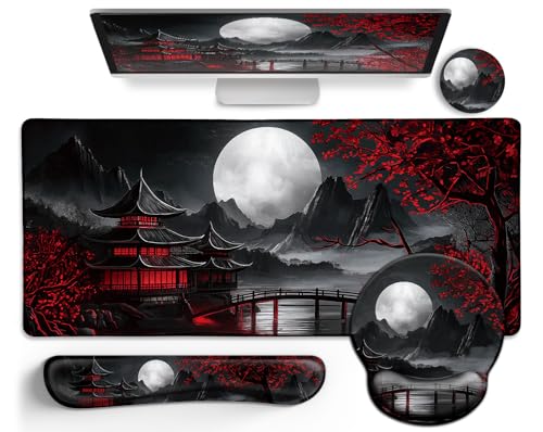 LIMKRIAN Japanese Mouse Pad Large Desk Mat Set, XXL Anime Full Moon Ergonomic Mousepad with Wrist Rest, Wrist Support Gaming Keyboard Mat Cup Coaster Set, Japanese Style Office Desk Accessories - Image 1