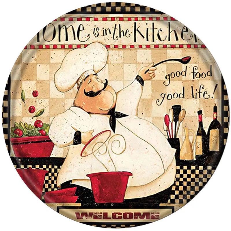 WZVZGZ WZVZGZ Metal Round Tin Sign Chef Antique Tin Sign Rustic Wall Decor Metal Wall Plate Vintage Tin 12x12inch 