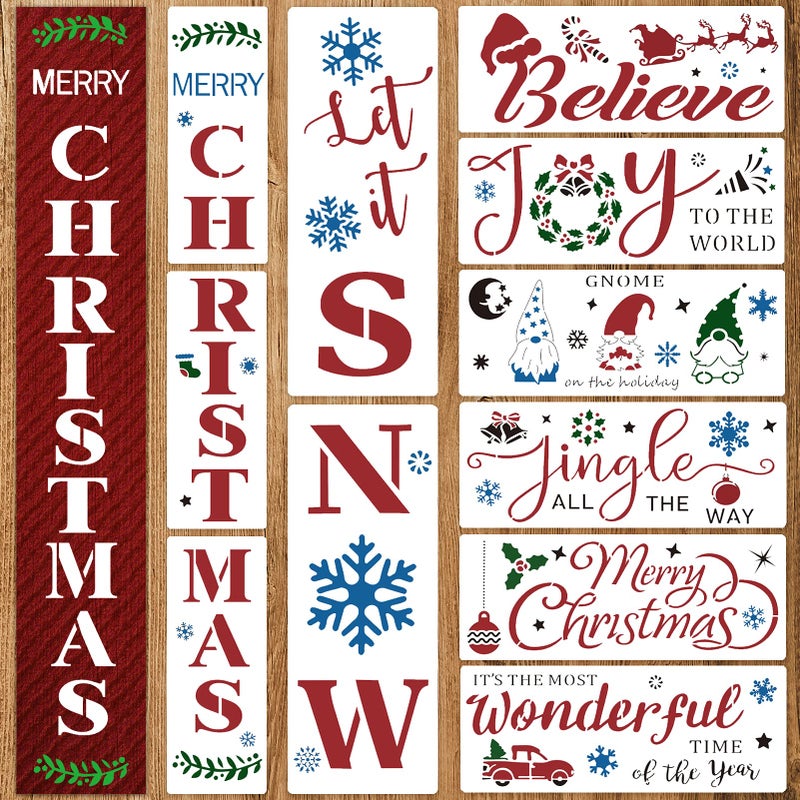 BORAMDO Christmas Stencils for Painting on Wood  11PCS Merry Christmas Porch Sign Stencils DIY Crafts Including Let it SnowGnomeBelieveWonderfulJingleJoy to The World